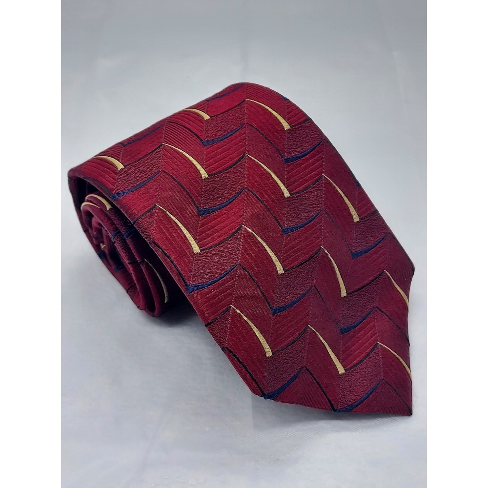 Lands' End Mens Silk Necktie‎ Burgundy Geometric Chevron Pattern Handsewn USA